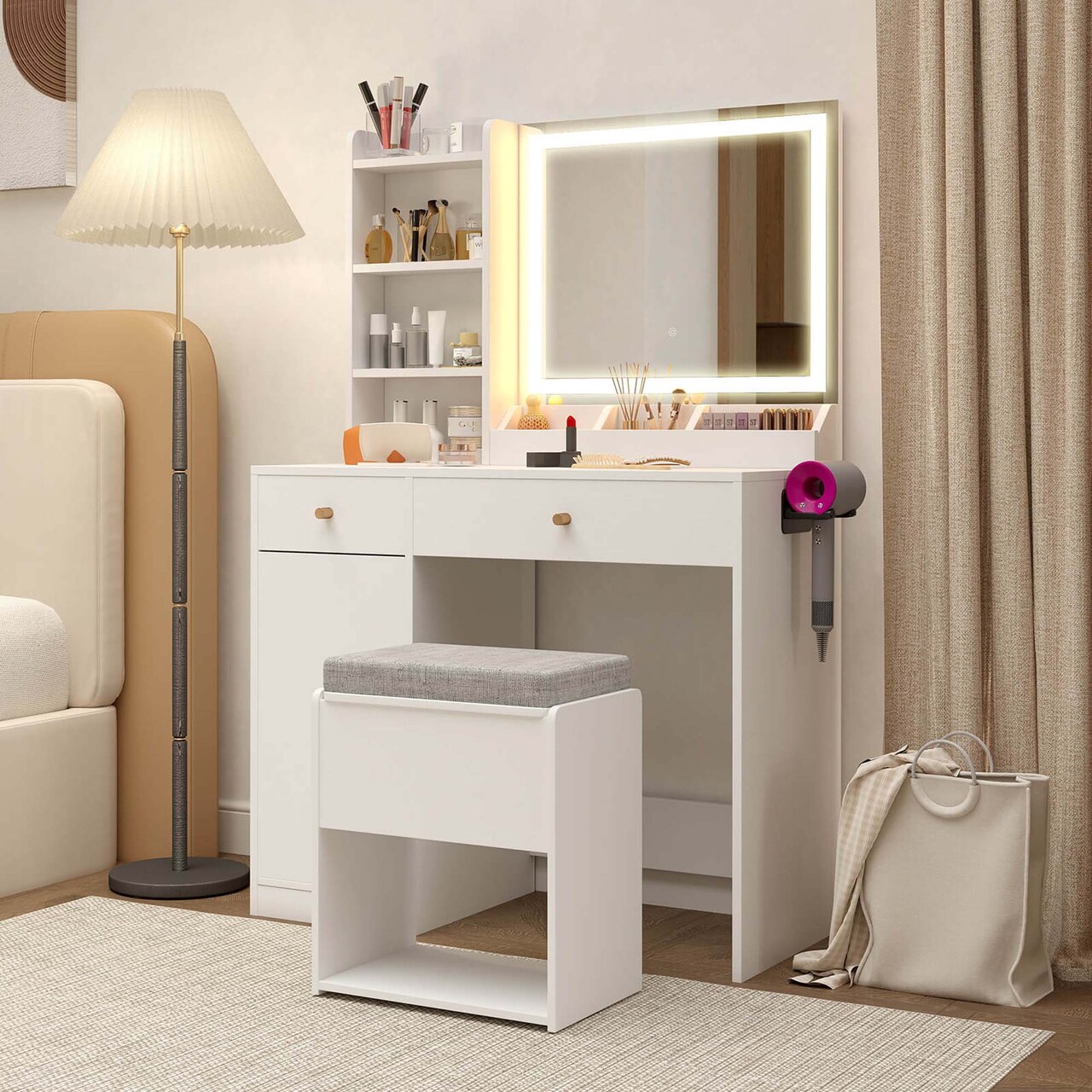 Costway Vanity Set Dressing Table and Chair Set with 3 Lighting Modes & Mirror and Lights White/Black